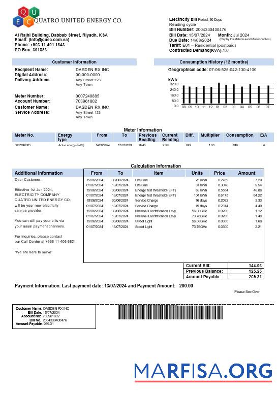 Realistic Saudi Arabia Quatro United Energy Co. business utility bill, Word and PDF template